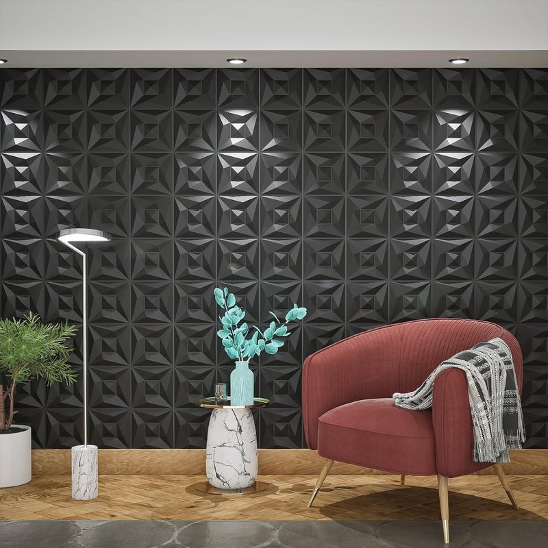 Greymond ألواح حائط ثلاثية الأبعاد سوداء من PVC، عبوة 33 قطعة بحجم 11.8''x11.8'' بتصميم هندسي لترقية ديكور المنزل العصري، بلاط مزخرف وقابل للدهان لغرفة المعيشة، الردهة، غرفة النوم، الفندق، المكتب - Image 4